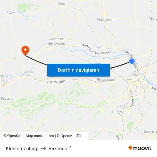 Klosterneuburg to Raxendorf map