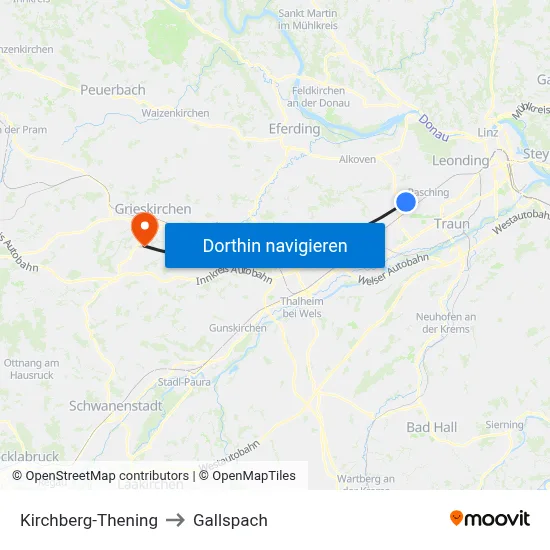Kirchberg-Thening to Gallspach map