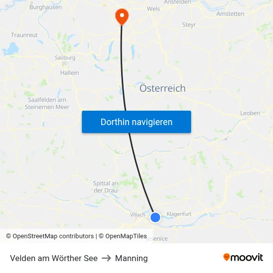 Velden am Wörther See to Manning map
