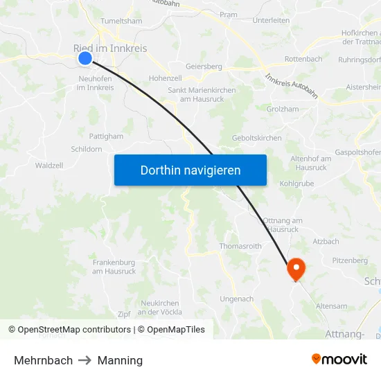Mehrnbach to Manning map