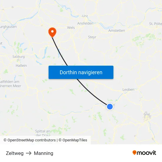 Zeltweg to Manning map
