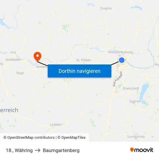 18., Währing to Baumgartenberg map