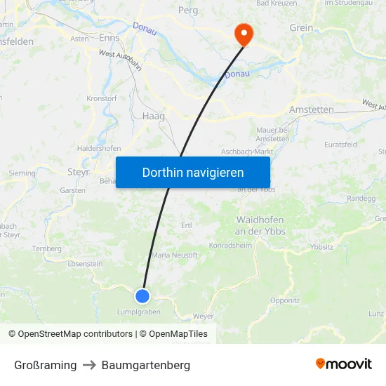 Großraming to Baumgartenberg map