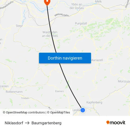 Niklasdorf to Baumgartenberg map