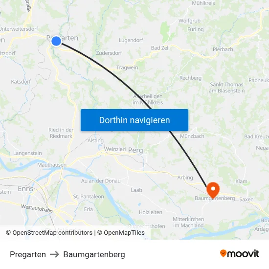 Pregarten to Baumgartenberg map