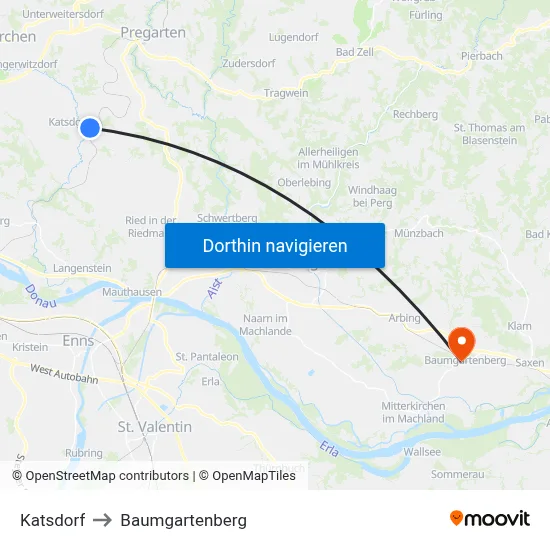 Katsdorf to Baumgartenberg map