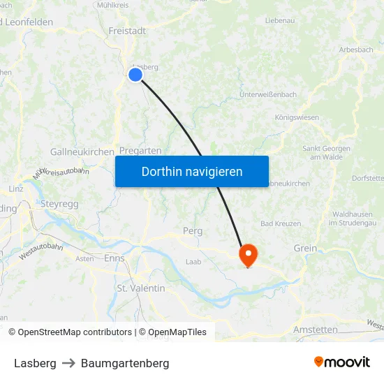 Lasberg to Baumgartenberg map