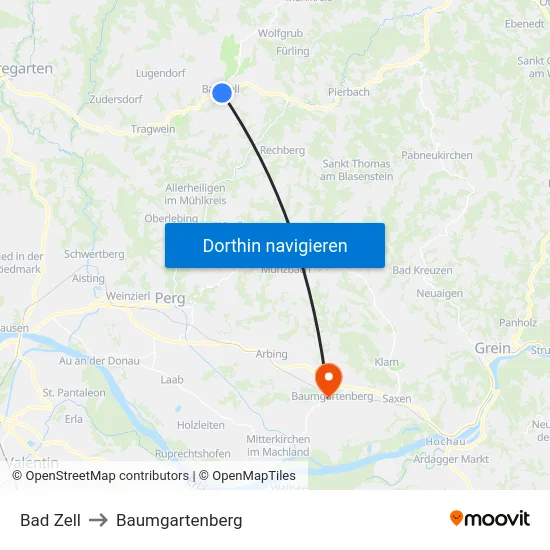 Bad Zell to Baumgartenberg map