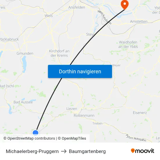 Michaelerberg-Pruggern to Baumgartenberg map