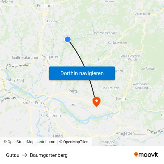 Gutau to Baumgartenberg map