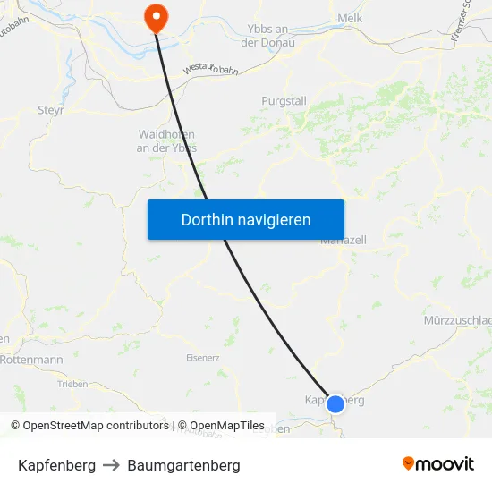 Kapfenberg to Baumgartenberg map