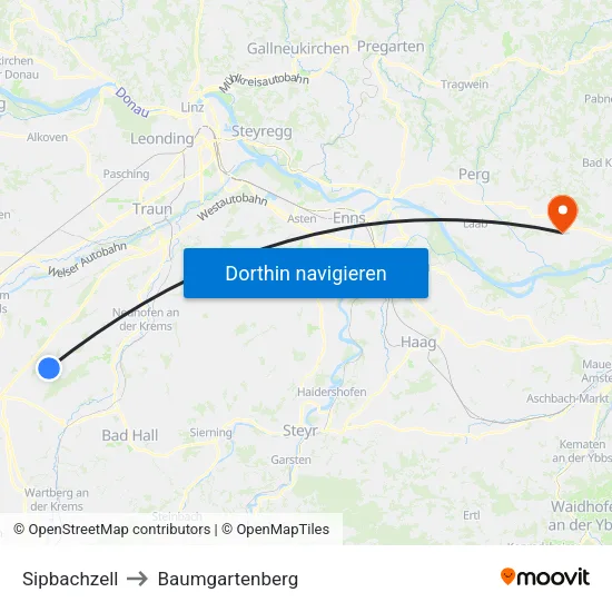 Sipbachzell to Baumgartenberg map