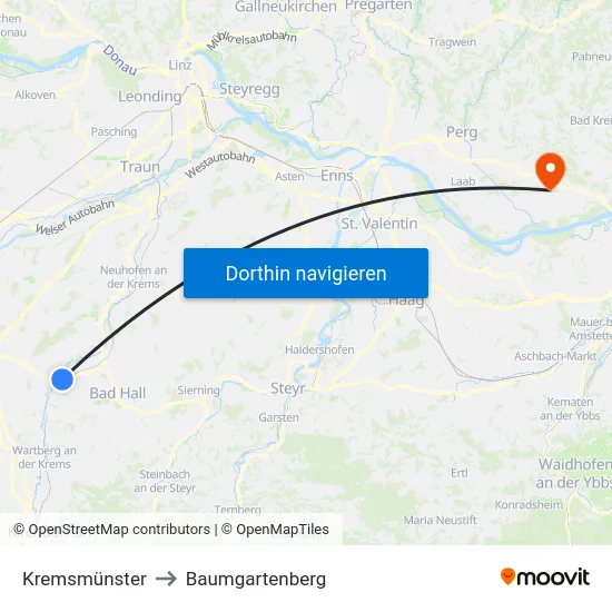 Kremsmünster to Baumgartenberg map