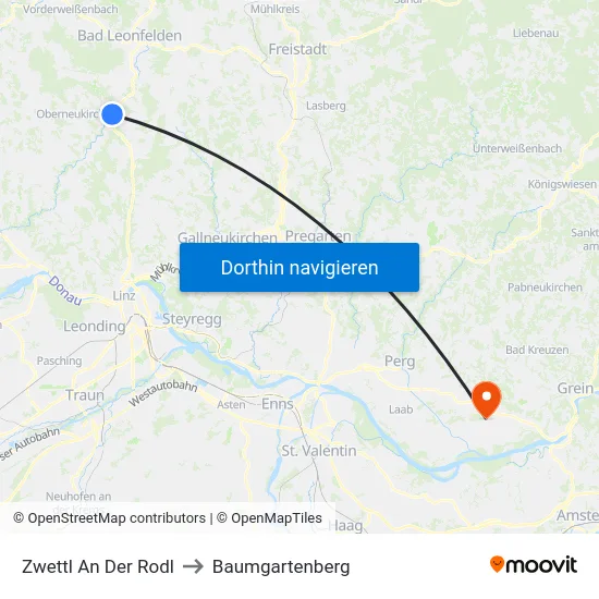 Zwettl An Der Rodl to Baumgartenberg map