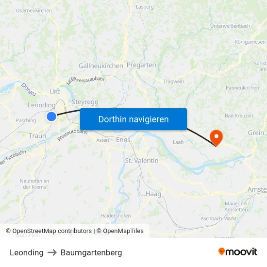 Leonding to Baumgartenberg map