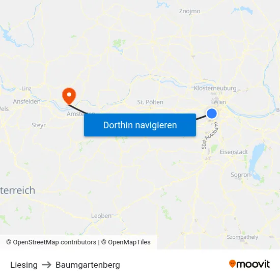 Liesing to Baumgartenberg map