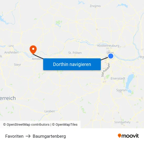 Favoriten to Baumgartenberg map