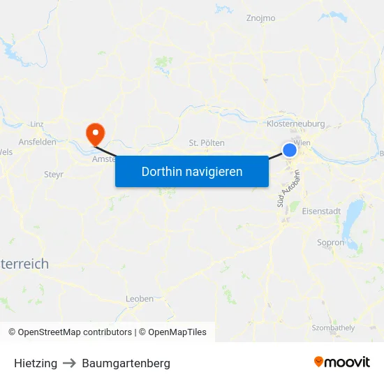 Hietzing to Baumgartenberg map