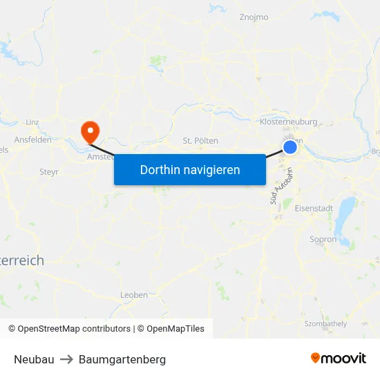 Neubau to Baumgartenberg map