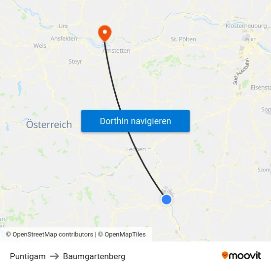 Puntigam to Baumgartenberg map