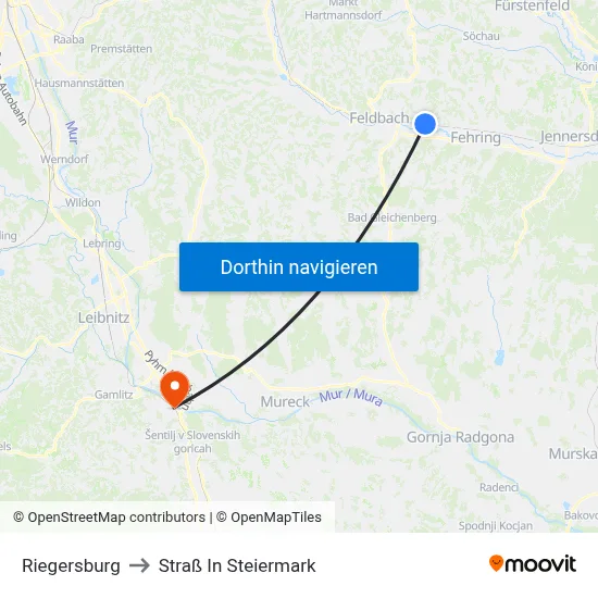 Riegersburg to Straß In Steiermark map