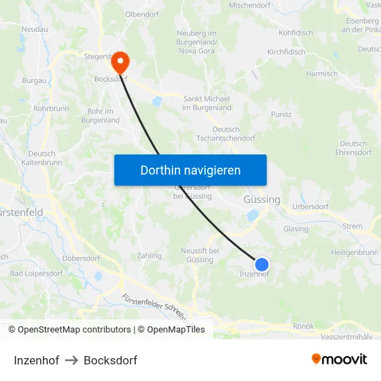 Inzenhof to Bocksdorf map