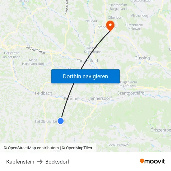 Kapfenstein to Bocksdorf map