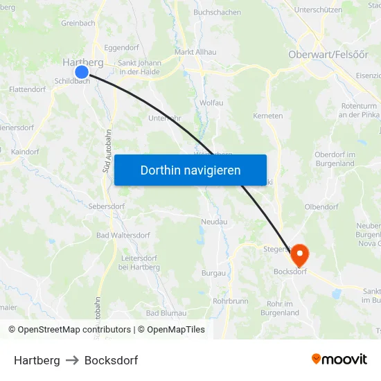 Hartberg to Bocksdorf map