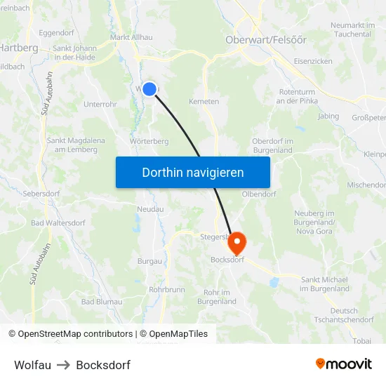 Wolfau to Bocksdorf map