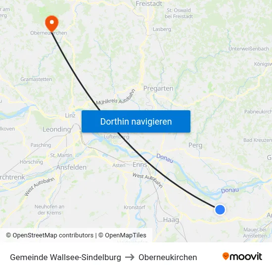 Gemeinde Wallsee-Sindelburg to Oberneukirchen map