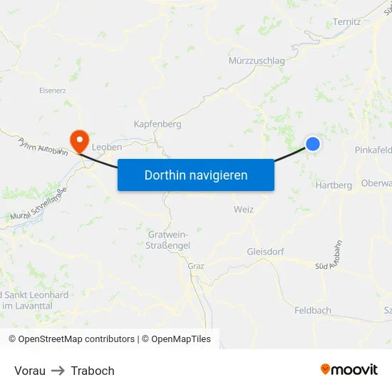 Vorau to Traboch map