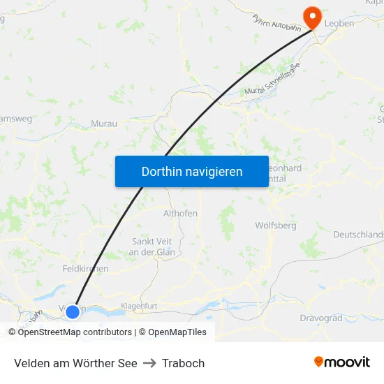 Velden am Wörther See to Traboch map