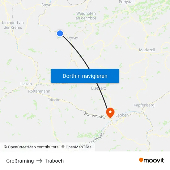 Großraming to Traboch map