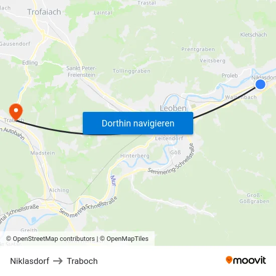 Niklasdorf to Traboch map