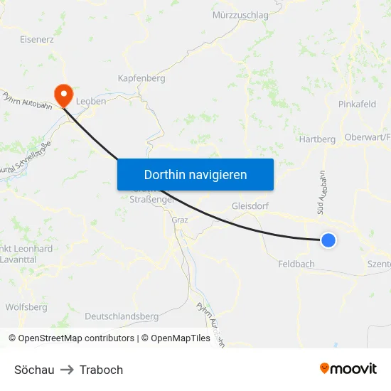 Söchau to Traboch map