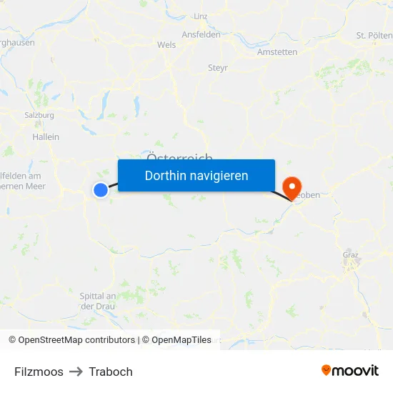 Filzmoos to Traboch map