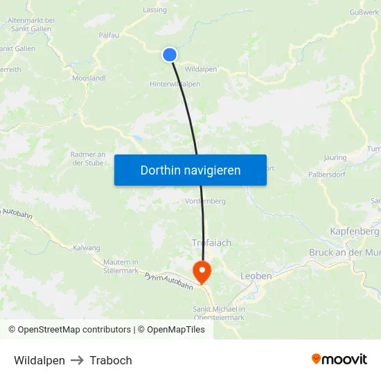 Wildalpen to Traboch map