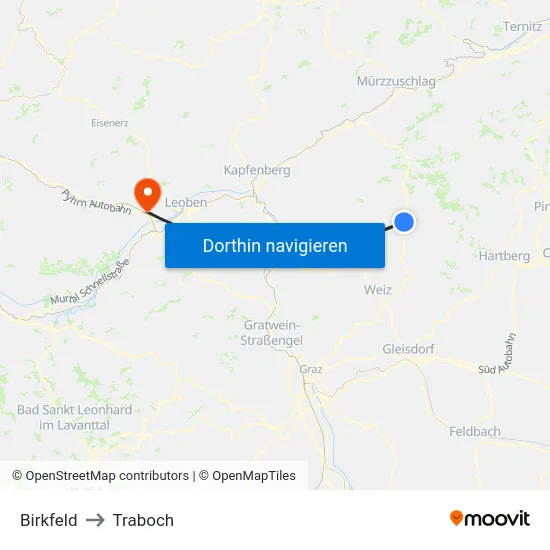 Birkfeld to Traboch map