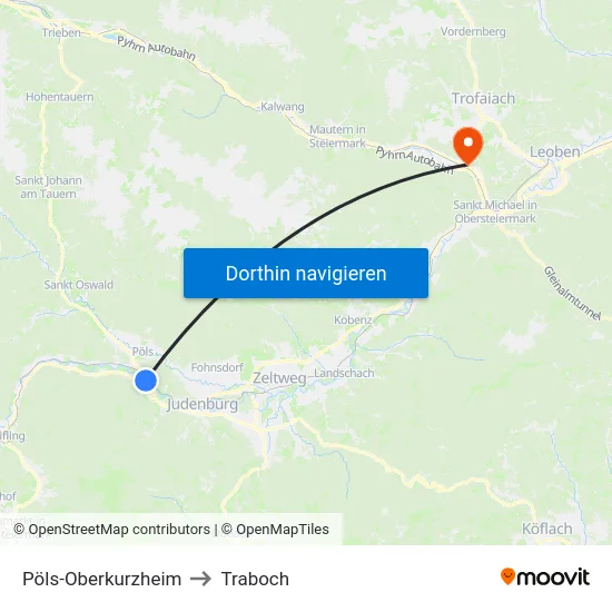 Pöls-Oberkurzheim to Traboch map
