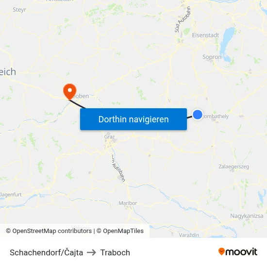 Schachendorf/Čajta to Traboch map
