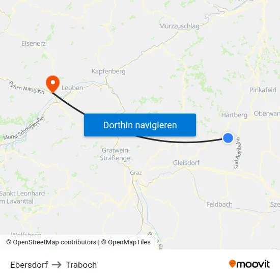 Ebersdorf to Traboch map