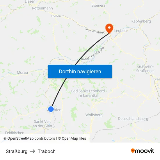 Straßburg to Traboch map