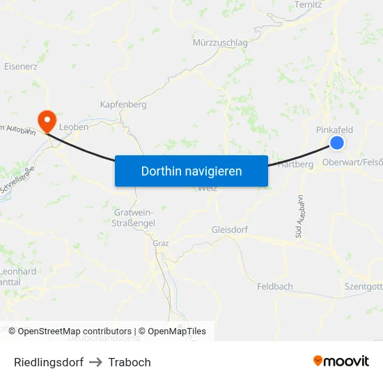 Riedlingsdorf to Traboch map