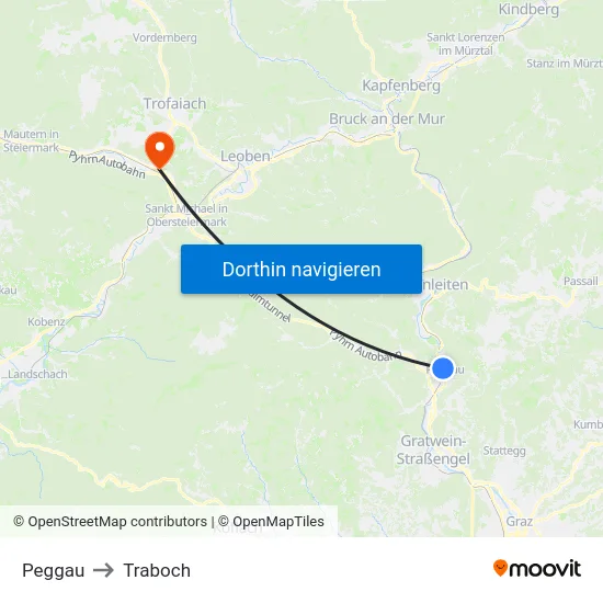 Peggau to Traboch map