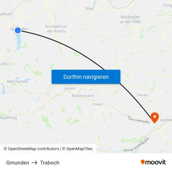 Gmunden to Traboch map