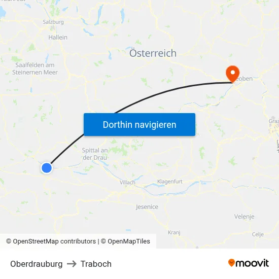 Oberdrauburg to Traboch map