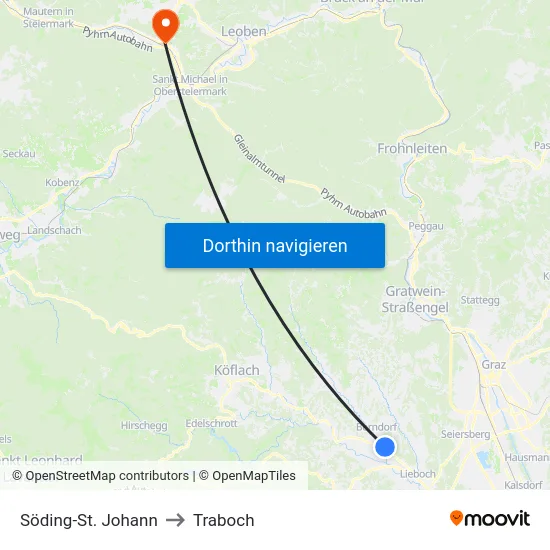Söding-St. Johann to Traboch map