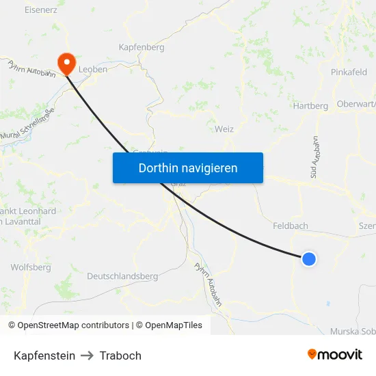 Kapfenstein to Traboch map