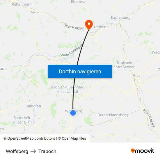 Wolfsberg to Traboch map