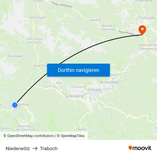 Niederwölz to Traboch map